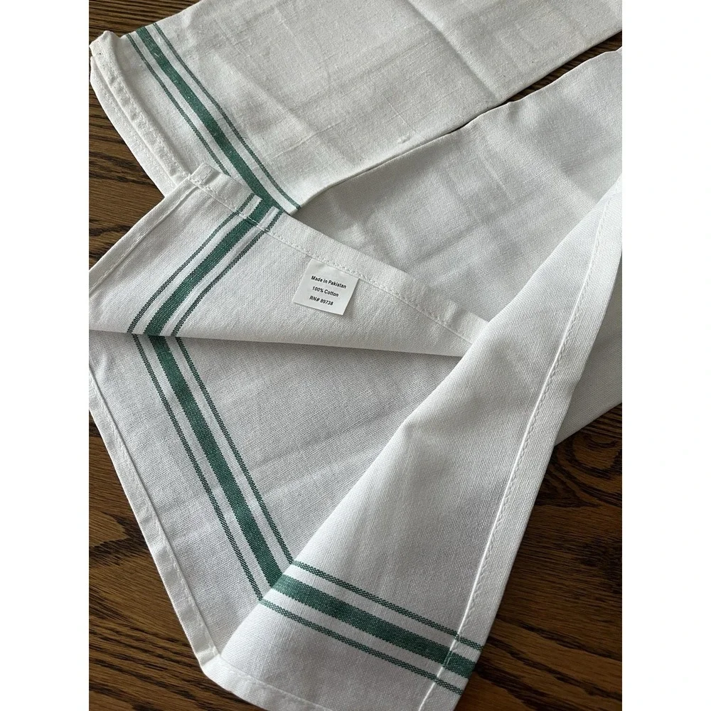 2 Kitchen Tea Hand Towels Light Cotton Green & White Stripes Pakistan 26 x 15
